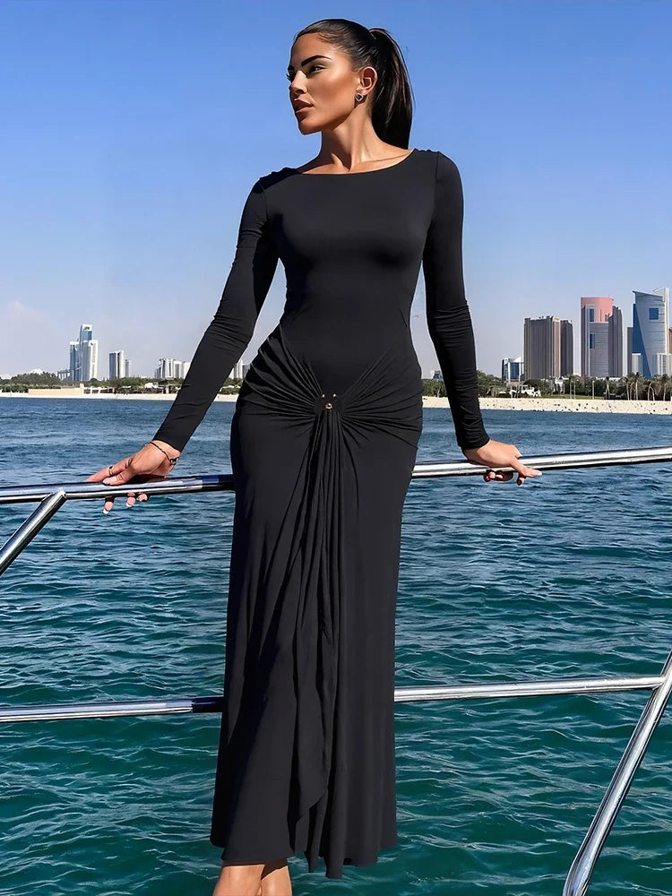 Ruched Elegant Maxi Dress Women Daily Casual Fashion Skinny Full Sleeve Solid Gown Midnight Prom Party Long Bodycon
