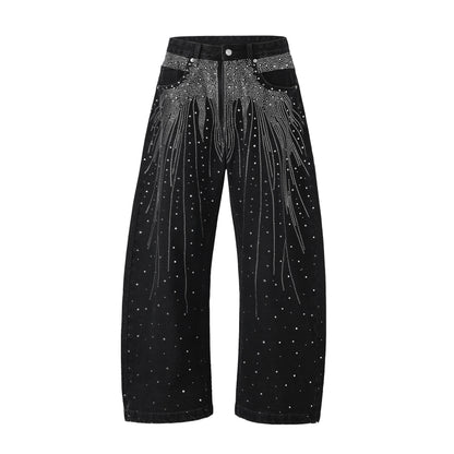 Full Rhinestone Print Washed Blue Baggy Jeans Mens and Women Ropa Hombre Streetwear Solid Casual Denim Trousers Loose Cargos