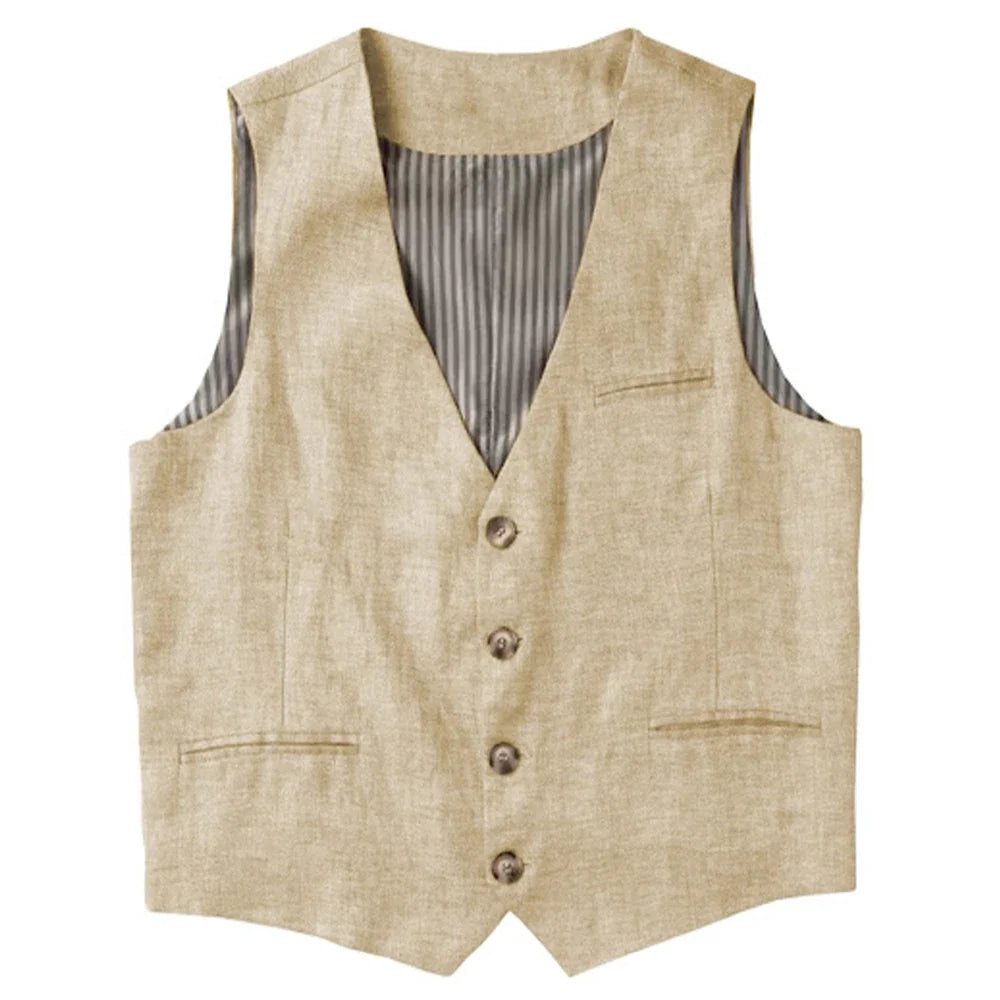 Beige Linen Men's Vest V Neck Summer Waistcoat Single Breasted Light Weigt Men's Suits Vest