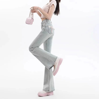 High Waist Bell Bot Denim Jeans Women's Light Color Peach Butt Design Slimming Fitted Floor Length  Hoof Pants