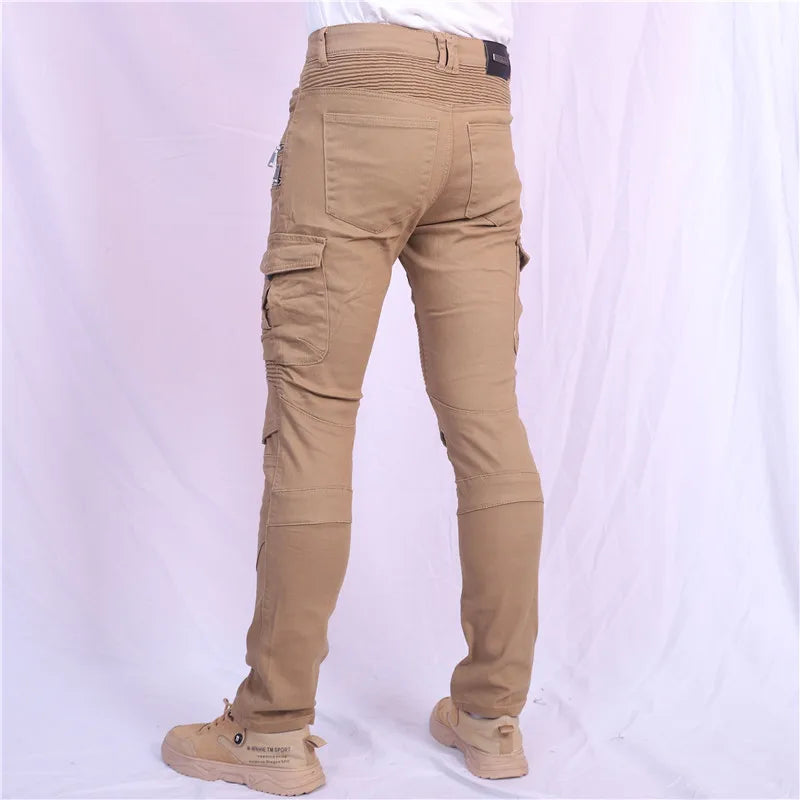 Double zipper Decoration Metal Style Motorcycle Leisure Motorcycle Men's Outdoor Riding Jeans Slim Pants With Protect Gears