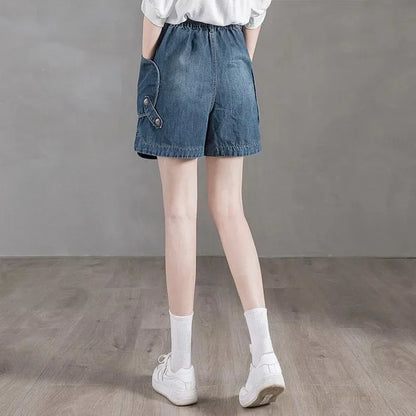 Women's High Waist Elastic Waist Wide Leg Denim Shorts