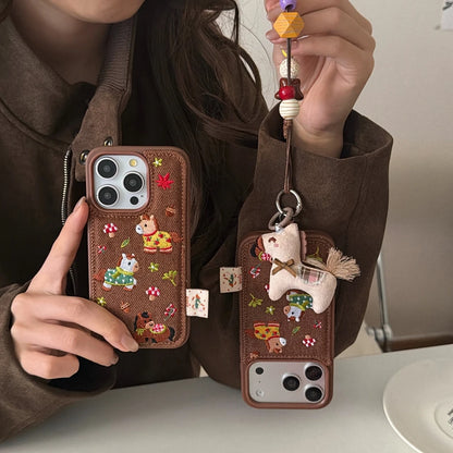 Cute Brown Embroidered Pony Mushroom With Lanyard Shockproof Protective Phone Cover Case for iPhone 17 16 15 14 Pro Max
