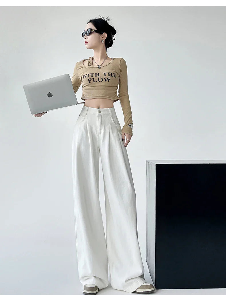 White Thin Pleated High Waist Non-Light Wide Leg Jeans Women's American High-End Loose Straight Lazy Floor-Length Pants