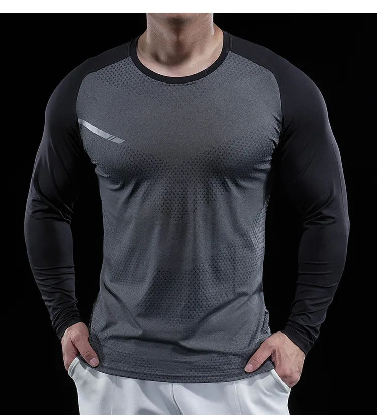 Autumn Winter Men Gym Fitness Display Long Sleeve T-Shirt Crew Neck Elastic Moisture Wicking Tights Running Training Bottom Top