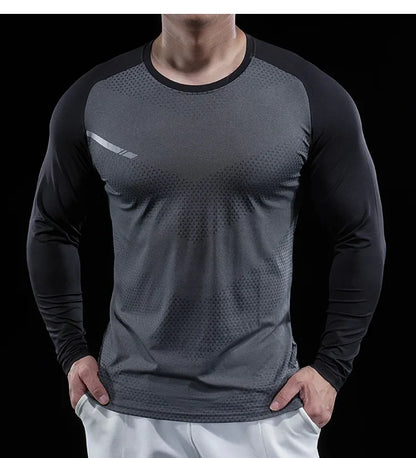 Autumn Winter Men Gym Fitness Display Long Sleeve T-Shirt Crew Neck Elastic Moisture Wicking Tights Running Training Bottom Top