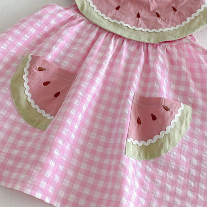 2026 New Summer Sweet Style Kids Dress Pink Watermelon Plaid Dress for Girls Sleeveless Lightweight Children Clothes