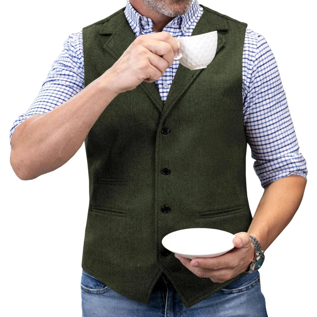 Men Vest Brown Herringbone Single Button With Lapel Waistcoat For Wedding Party Banquet Prom Business Work Casual Daily Men Vest