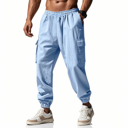 2026 New men's casual multi-pocket trousers male closed-placket tethered cotton and linen straight-leg leggings Men Mens