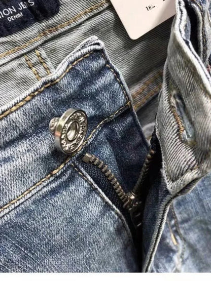 Trendy Men's Slim Fit Jeans Tear Hole Summer Thin Blue Cotton Elastic Waist Zipper Closure Casual Long Pants Youth Wear