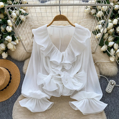 Ruffles Pleated Romantic Tops Thin Spring Summer V Neck French Elegant Blouse Fairycore Flowy Office Lady Luxury Shirt