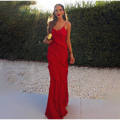 2024 Summer Fashion New Elegant Women's Sexy Chiffon Vacation Style Sling Dress with Ruffle Edge Style Long Dress