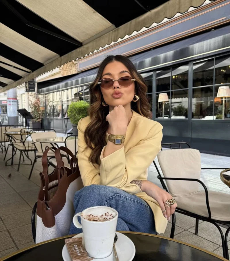 2025  women's new elegant fashion retro round neck cut waist slit long-sleeved casual suit jacket
