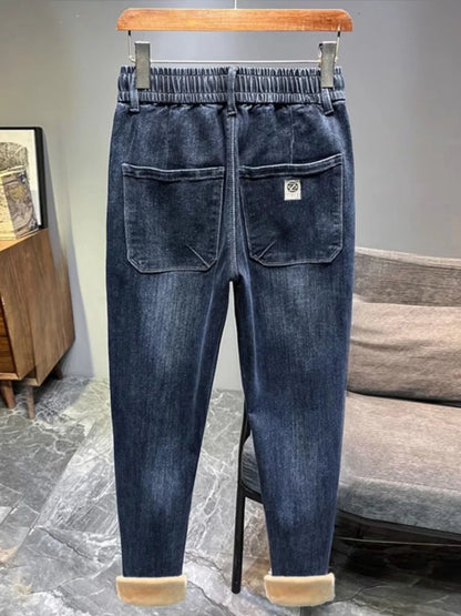 Warm Fleece Lined Elastic Waist Casual Straight Leg Men's Jeans Premium Quality Autumn Winter Thickened Stretch Denim Pants