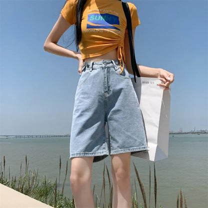 Summer New Korea Fashion Loose Women Jeans Shorts Purple Pink High Waist Straight Pockets Female Wide Short Pants