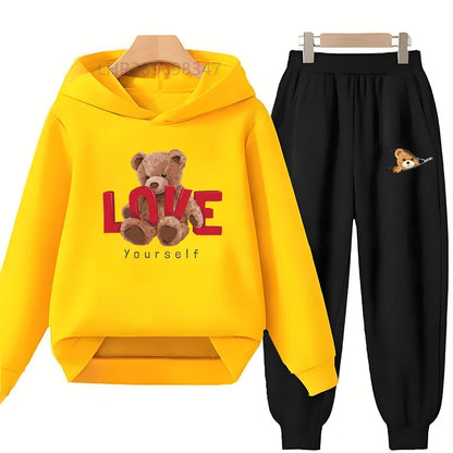 Little Bear Children's Hoodies Top+Bottom Girls Pink Boy Black Age 3-12 Coat Casual Toddler Long Sleeves Suit Print Clothing