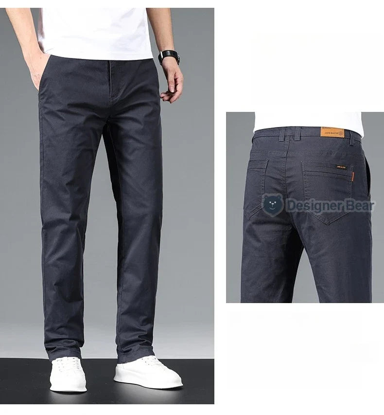 Brand Clothing Spring Summer Men's Casual Pants 97%Cotton Straight Solid Color Business Leisure Long Trousers Khaki Grey Blue