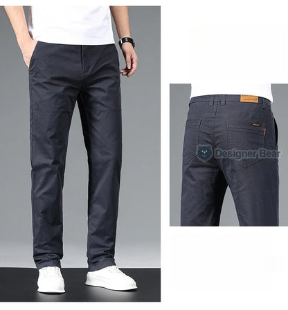 Brand Clothing Spring Summer Men's Casual Pants 97%Cotton Straight Solid Color Business Leisure Long Trousers Khaki Grey Blue
