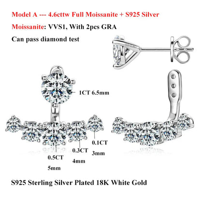 2 in 1 Full 5mm D Color Moissanite Stud Earrings for Women S925 Silver 2cttw All Diamond Earring Pierced Ear Fine Jewelry
