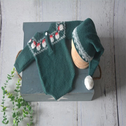 Christmas Baby Clothing Newborn Boy Girl Photography Santa Claus Costumes Sets Green Knitted Romper Stockings Hat 3pcs for Xmas