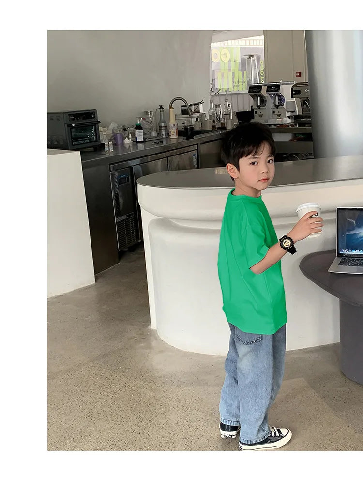 Summer Casual School Kids Cotton Plain Tee Tops Baby and Boys Short-Sleeved T-Shirt Children Outfit Clothing 1-16 Years