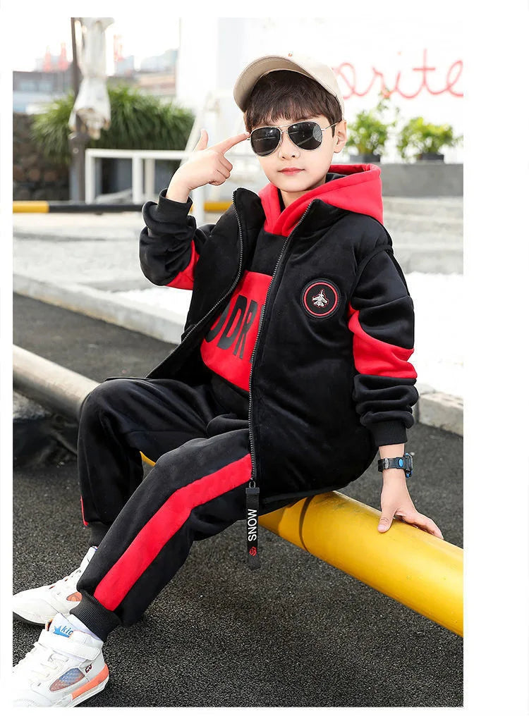 Winter Boys Warm Fleece Lined Zip Waistcoat+Sweatshirt+Sweatpant Sets School Kids 3PCS Tracksuit Children Workout Outfit 5-14Yrs