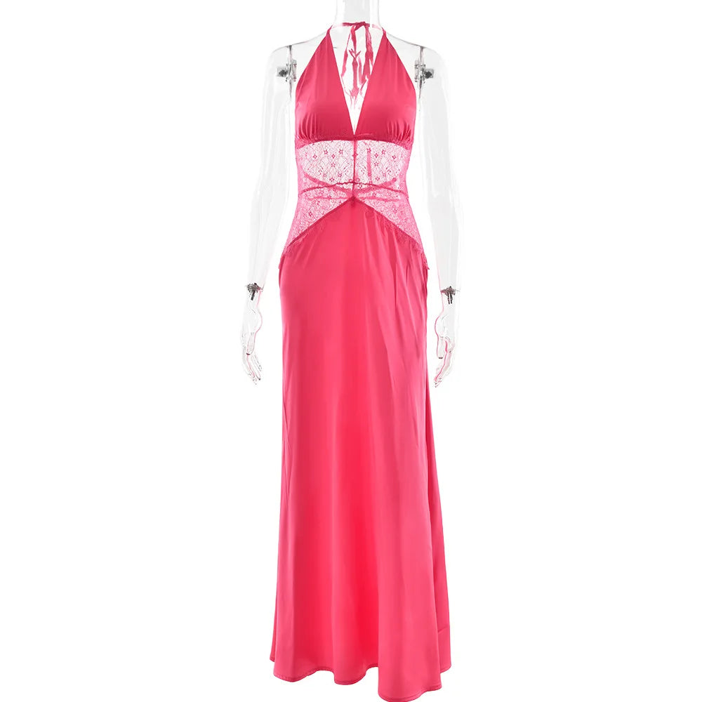 Sexy Deep V-neck Backless Lace Patchwork Satin Dresses for Women 2026 Summer Halter Sleeveless Long Maxi Party Evening Dress