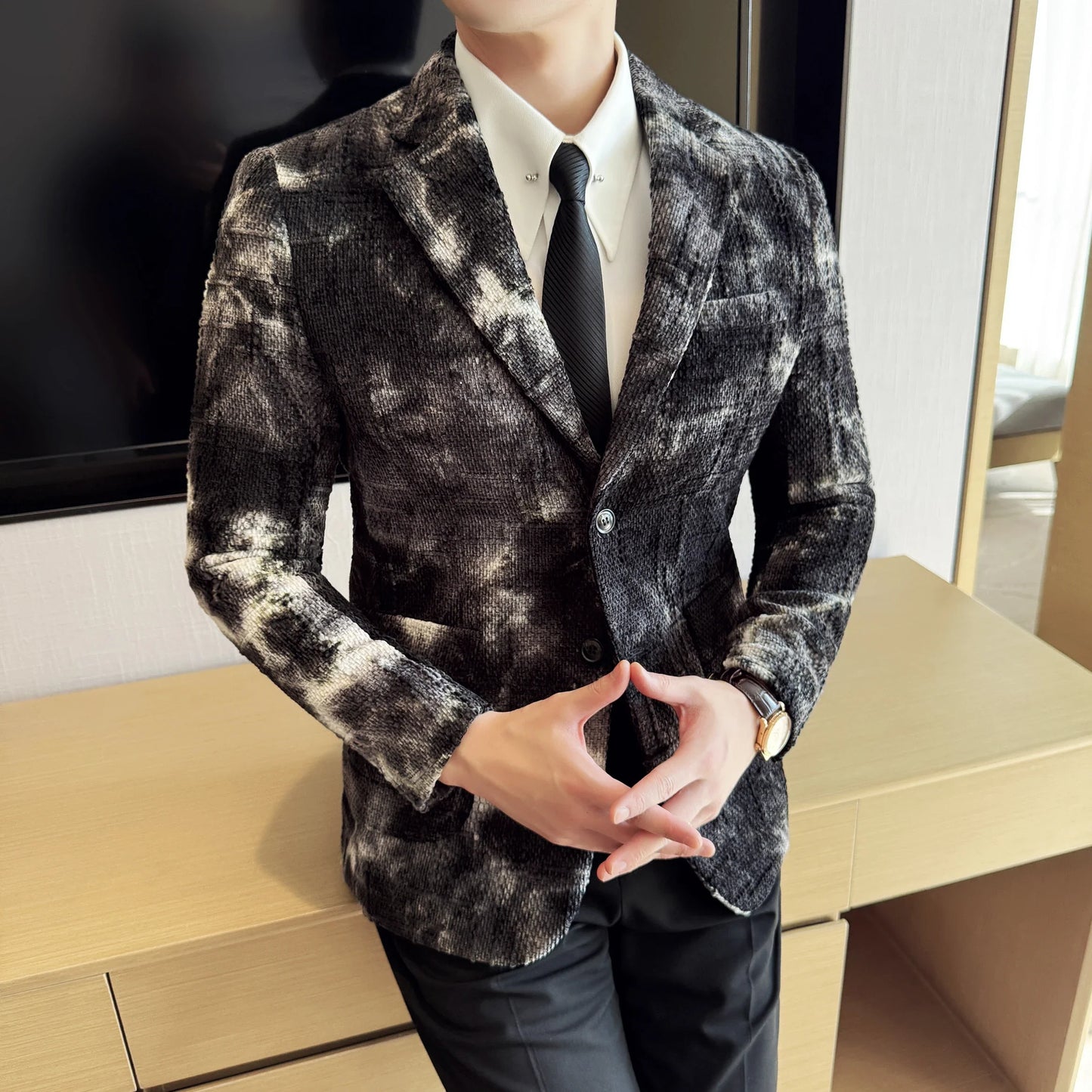 High QualityTie Dye Chenille Men Fashion Casual Suit Jacket Autumn Winter New Korean Slim Fit Social Wedding Suit Blazer