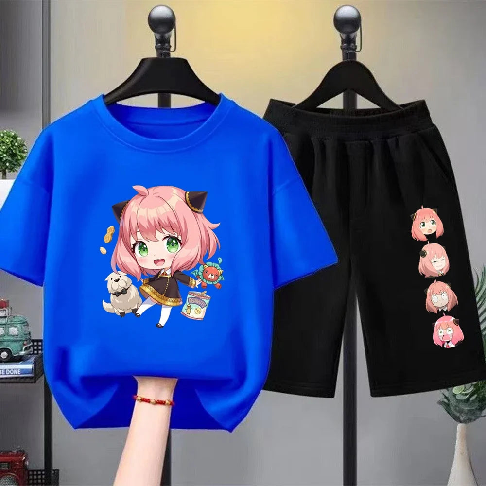 Anime Spy X Family Children T-Shirt+Bottom Wear Age 3-12 Girls Pink Set Black 2pcs Kids Set Print Summer Cool T-Shirt