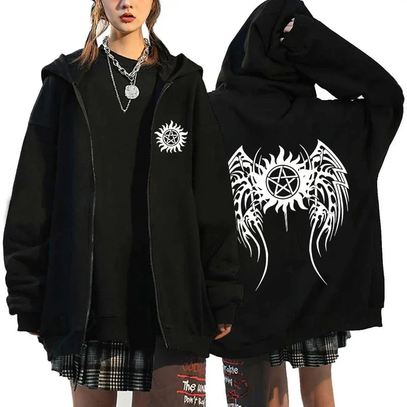 New Supernatural Printed Zipper Hooded Fashion Women Men Sweatshirt Casual Sport Hoodie Personality Zipper Long Sleeve Coat