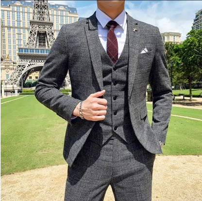 Coffee Brown Men Striped Plaid 3-Piece, Dark Blue Wedding Party Slim Fit Blazers Jacket and Vest with Pants, Asian Size M-5XL