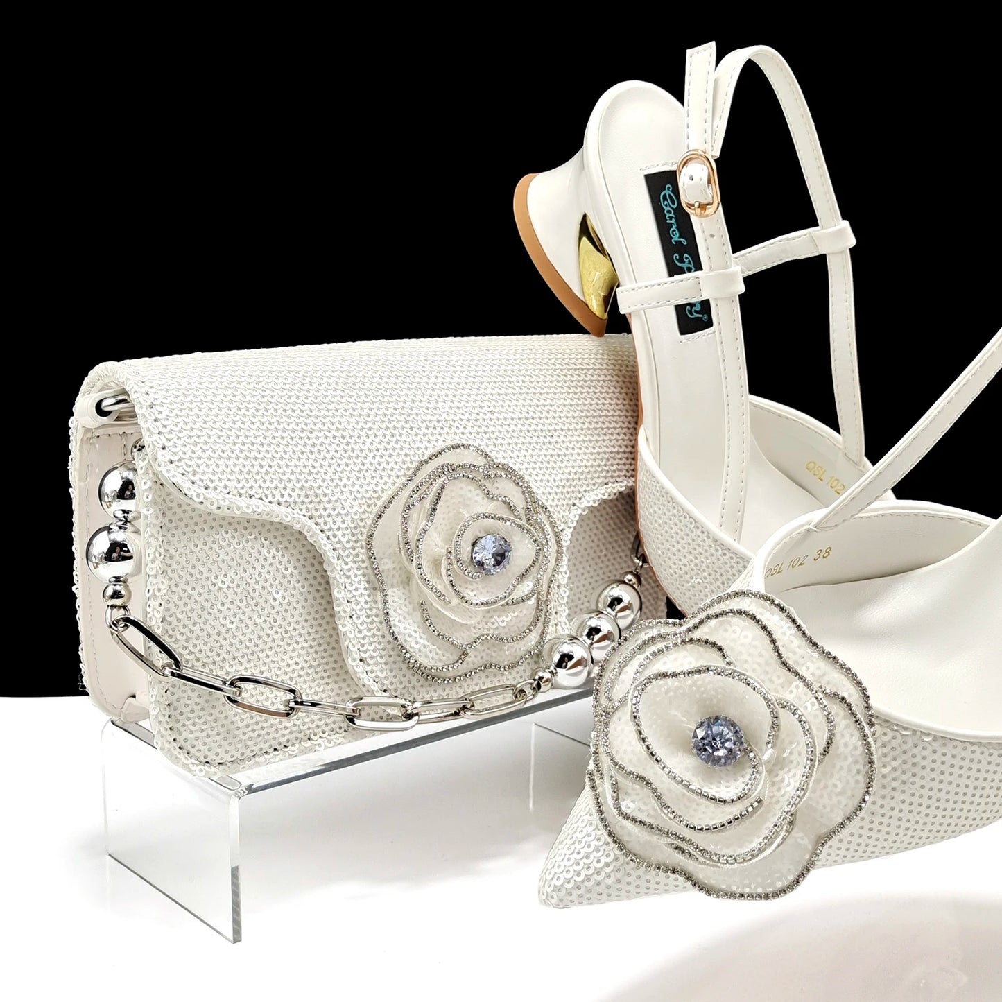 Shiny Gold Color Shoes and Bag Elegant Handbags and Medium Heel Shoes Beautiful Handmade Flowers For Wedding Party