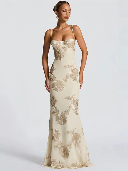 Elegant Flower Embroidery Maxi Dress Women Low-Neck Cross Bandage Backless Summer Street Trend Skinny Holiday Vestidos