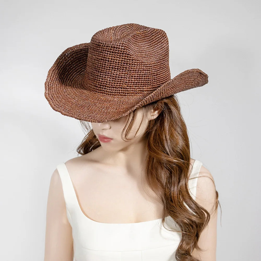 Hand-crocheted Natural Raffia Straw Cowboy Hat for Women Men Summer Wide Brim Sun Hat Outdoor Breathable Beach Caps