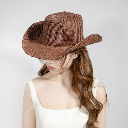 Hand-crocheted Natural Raffia Straw Cowboy Hat for Women Men Summer Wide Brim Sun Hat Outdoor Breathable Beach Caps