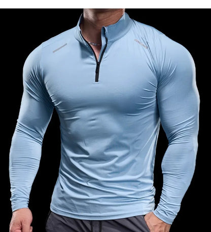 Men Long Sleeve Stand Collar Zipper T-shirt Gym Running Training Fitness Bodybuilding Sport Top Quality Elastic Tight Tops Tees