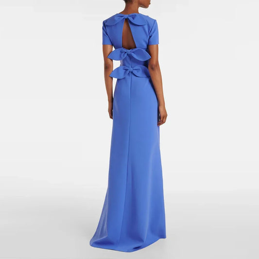 Modern Blue Women's Evening Gown Mermaid Floor Length Formal Party Dress O Neck Appliques Saudi Dress Short Sleevels Prom Dress