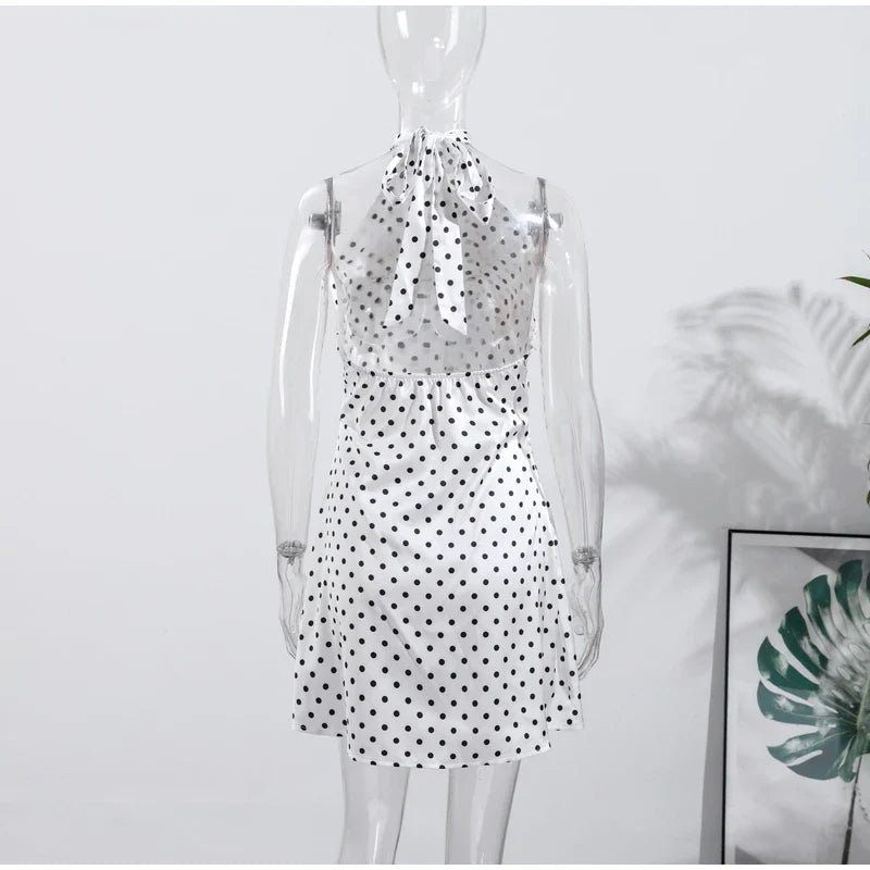 Fashion Lace Up Polka Dot Mini Dress Women Square Collar Short Sleeve Satin Party Dresses2026 Summer Lady Elegant Beach Robe New