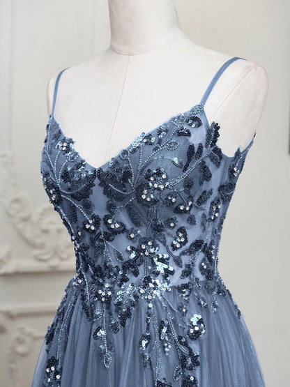 Sling Evening Dresses Sexy Spaghetti Straps V-Neck Illusion Sequins Appliques Prom Dress A-Line Train High Split Gowns