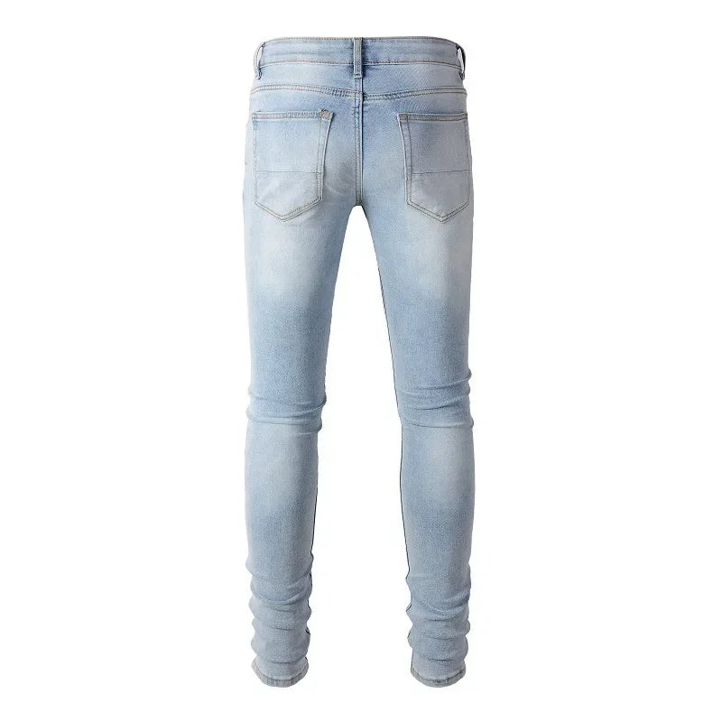 High Street Jeans Patch Hand-worn Holes Slim Skinny Jeans for Men
