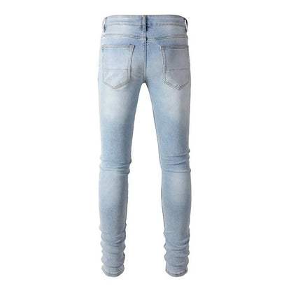 High Street Jeans Patch Hand-worn Holes Slim Skinny Jeans for Men