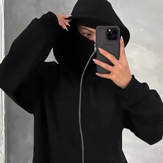Unisex Hoodie Warm Loose Hooded Jacket Zip-up Casual Jacket with Face Mask for Autumn Winter Outdoor Sports Streetwear