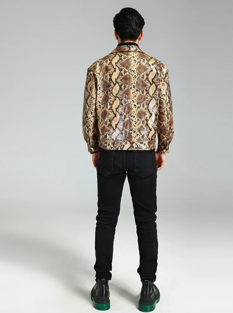 Autumn Short Handsome Cool Colorful Snakeskin Print Pu Leather Jacket Men Luxury European Style Clothes 2023 EU Size