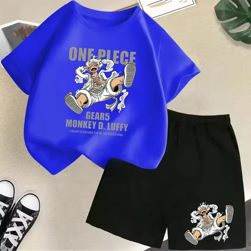 Summer New Cotton Kids T-Shirt Set Luffy Gear 5 One Piece Children Shorts Sport Casual School Outdoor Boys Tracksuit