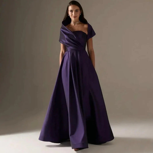 Customized High Quality Purple Satin Evening Gowns Strapless off the shoulder A-line Pleat Floor Length Pageant Dresses