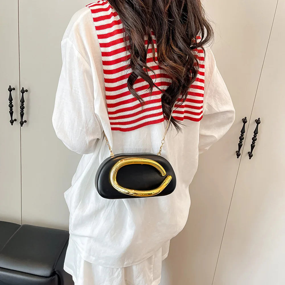 Women PU Leather Metal Handle Handbag & Removable Strap Crossbody Shoulder Bag Hand-held Shoulder Clutch Bag for Evening Dinner