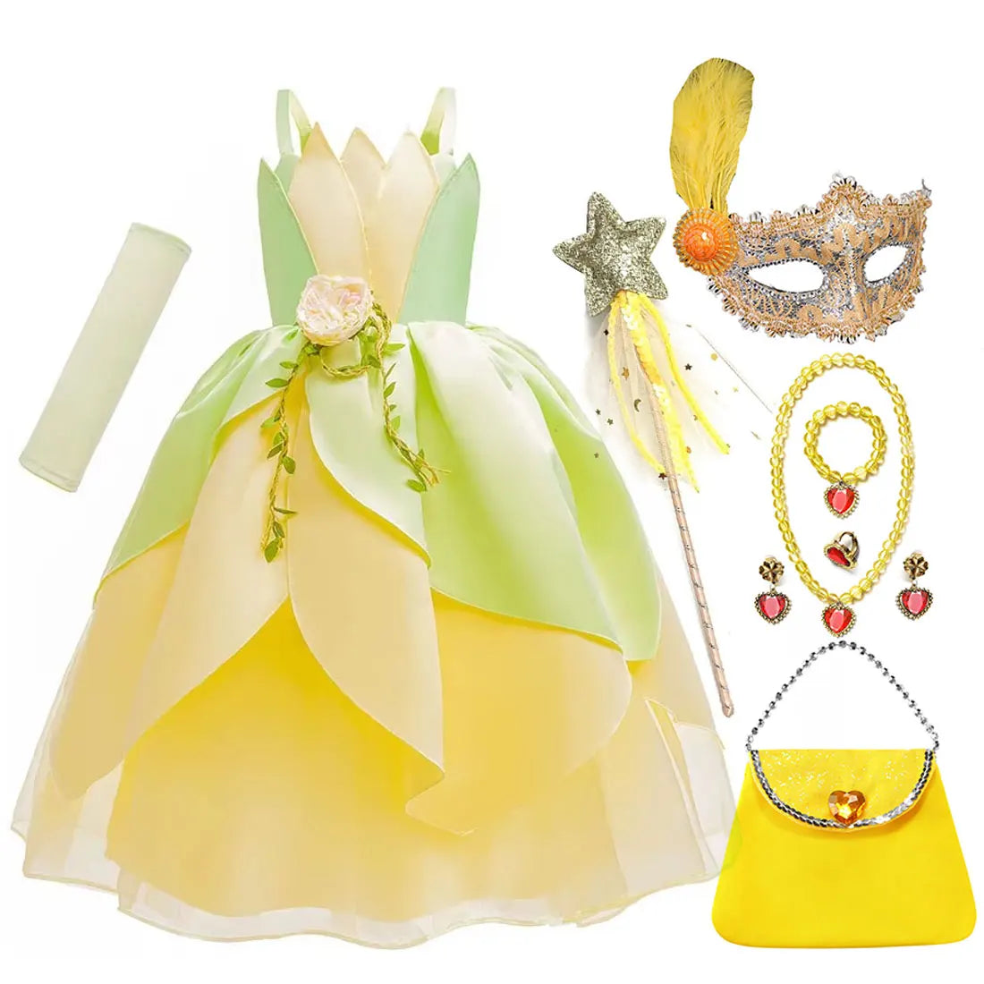 Girls Cosplay Tiana Yellow Short-Sleeved Fluffy Princess Dress For Girl Birthday Party Princess Dress With Accessories