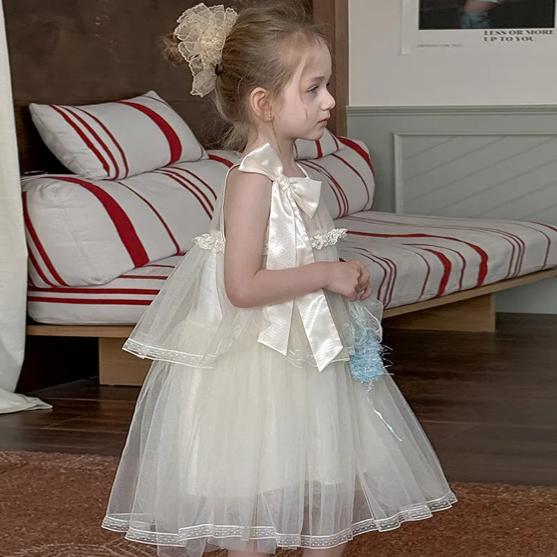 Girls Princess Dress Summer Kids French Sweet Sleeveless Bowknot Tulle Tutu Fluffy Birthday Party Pageant Dresses