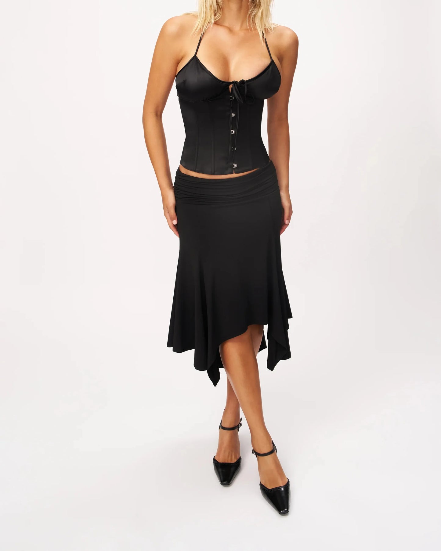 Guz Low-Waist Pleated Irregular Fishtail Skirt, Vintage Drapey Elastic Mid-Length Asymmetrical Hem Sexy Skirt, Pleated Irregular Mid-Length Skirt, Slimming Large Hem Fishtail Skirt, Black Drapey Skirt