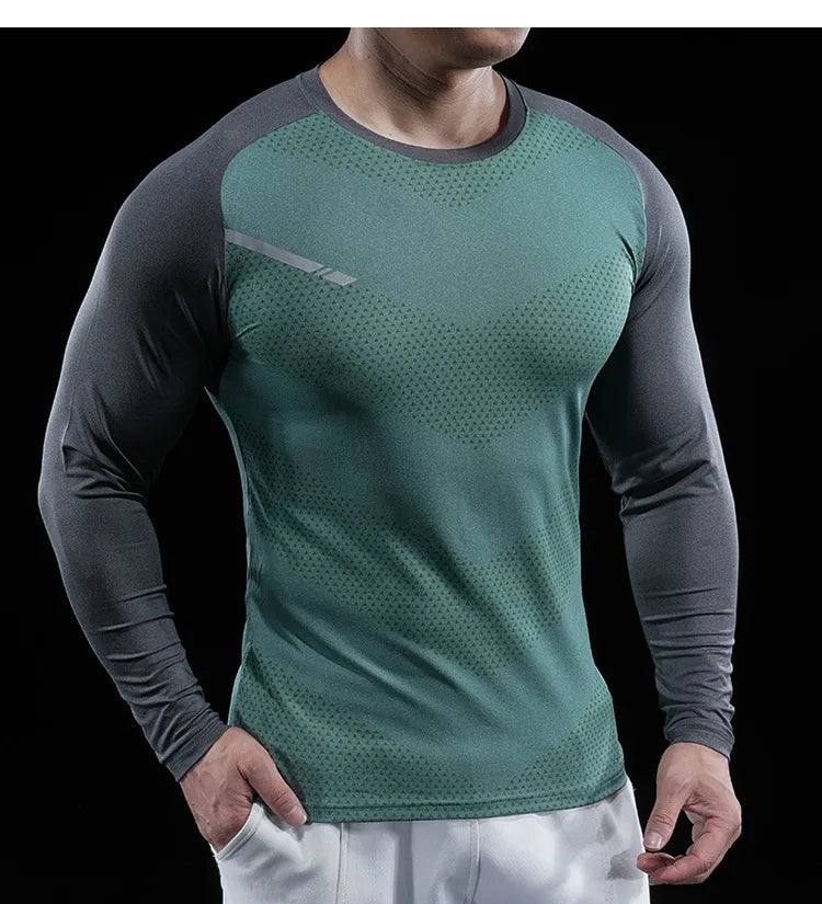 Autumn Winter Men Gym Fitness Display Long Sleeve T-Shirt Crew Neck Elastic Moisture Wicking Tights Running Training Bottom Top
